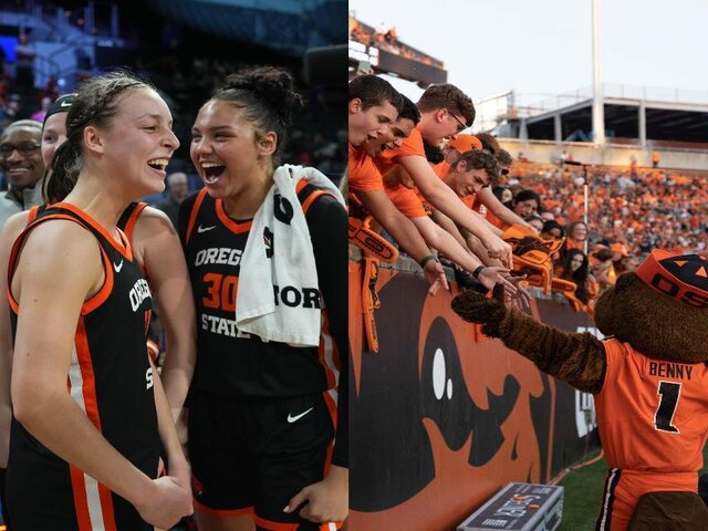 photo of women's basketball players and football fans celebrating 