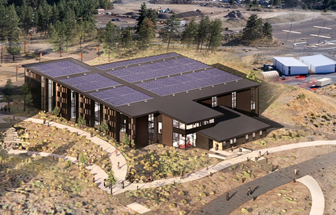 Aerial view of concept building for student health & recreation center at OSU Cascades.