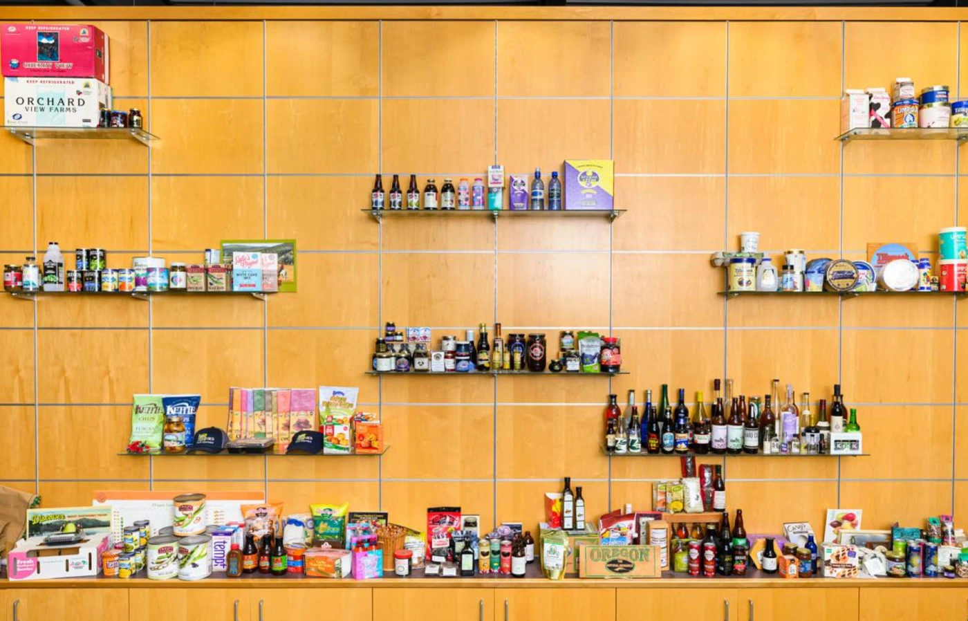 Display of food items on shelves