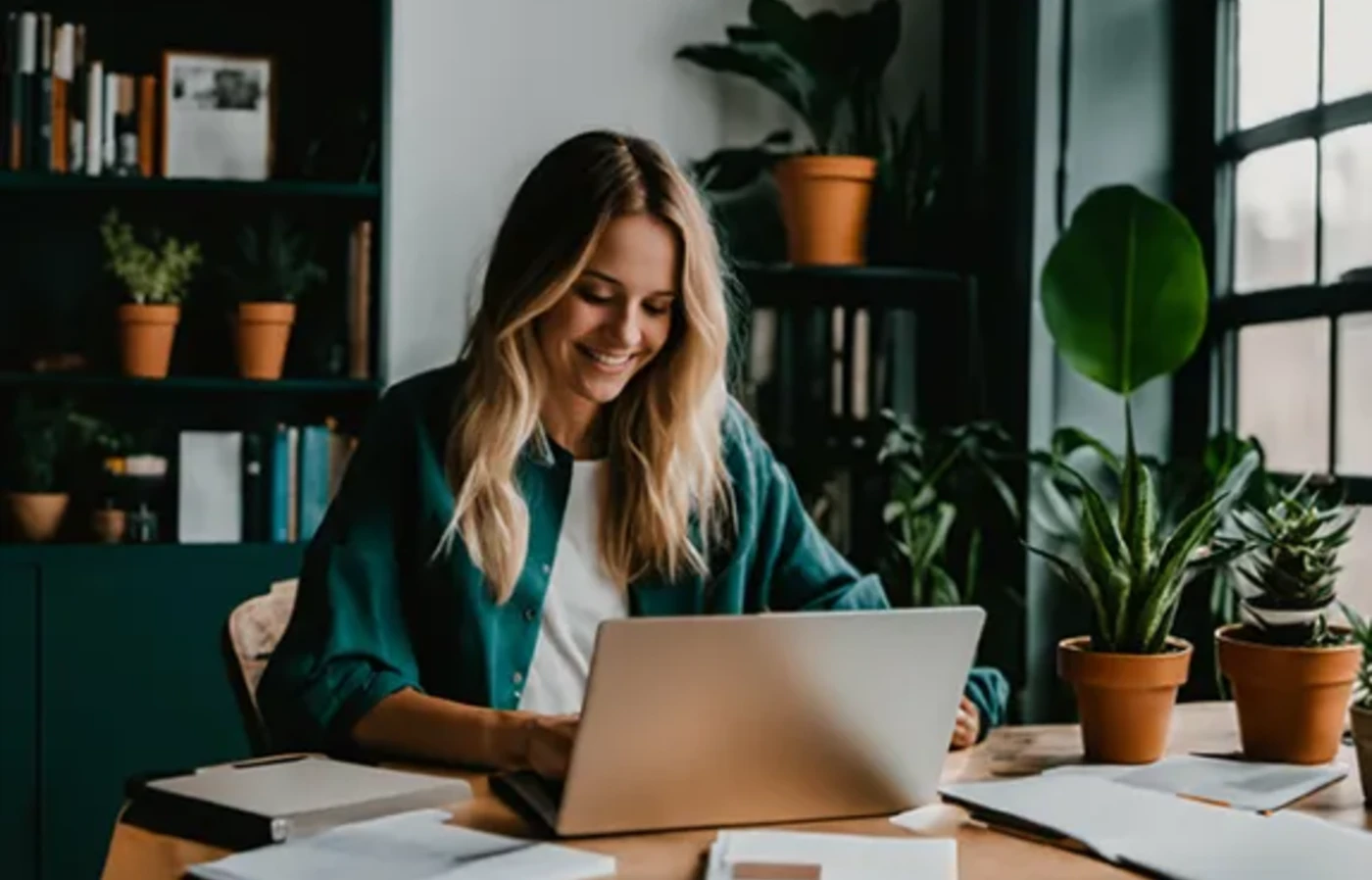 Woman at desk with plants