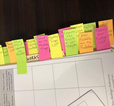 A stack of paper worksheets with colorful sticky tab labels on the side.