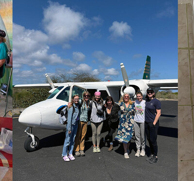 Three photos side by side showing veterinarians at work on dog and cat patients, as well as a group shot in front of a small airplane.