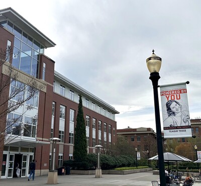 Banner in front of library building