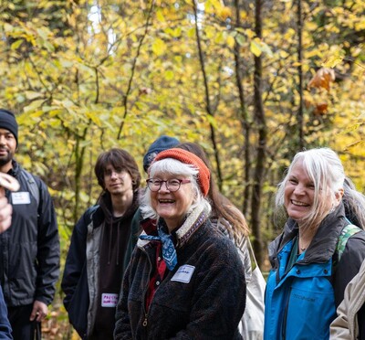 Group of people smiling in the forest
