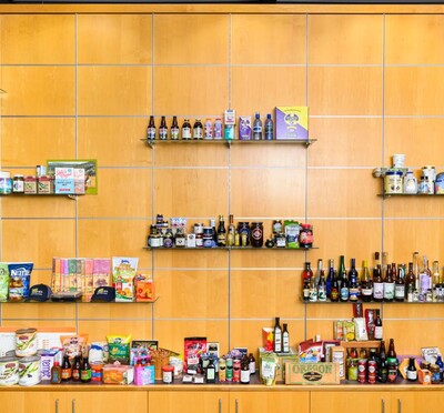 Display of food items on shelves