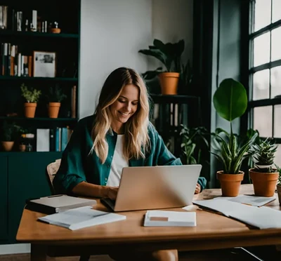 Woman at desk with plants