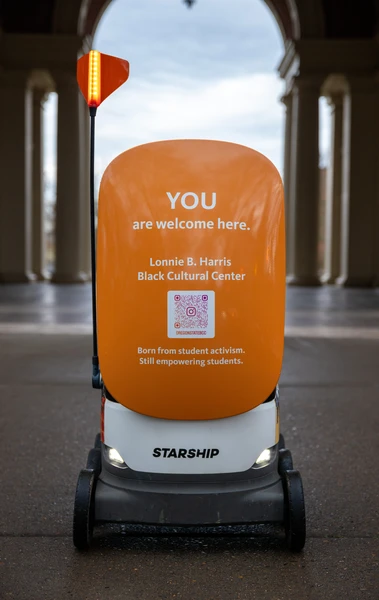 Top of robot showing QR code