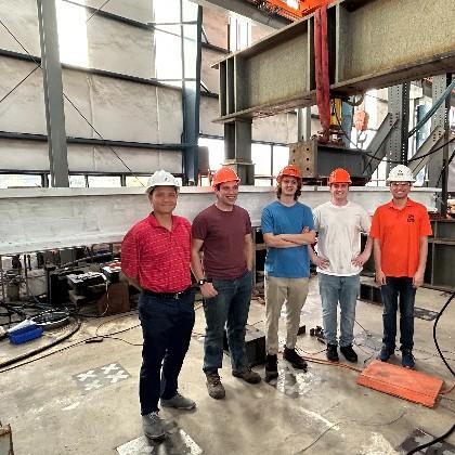 From left to right, Tanarat Potisuk (advisor) with CCE students Nick Peterson, Sean Freitag, and Kobe Wagner, along with Dan Serra, '23 MEng (currently senior engineer at Knife River).