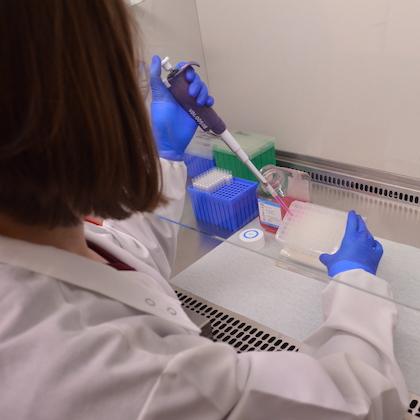 Image shows a lab technician pipetting material into a box of vials in a lab hood. 