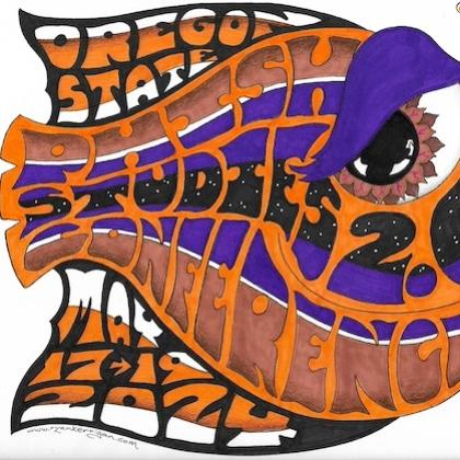 A psychadelic-60s style logo in the stylized shape of an orange and purple fish spells out "Oregon State Phish Studies Conference 2.0 May 17-19, 2024." Logo by Ryan Kerrigan.