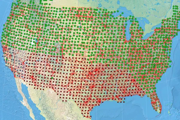 A map of the contiguous U.S., with green and red dots and lines indicating where researchers have mapped the electric currents in Earth's crust..