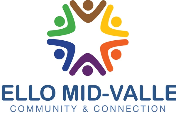 Rainbow logo for Hello Mid-Valley, "Community and Connection"