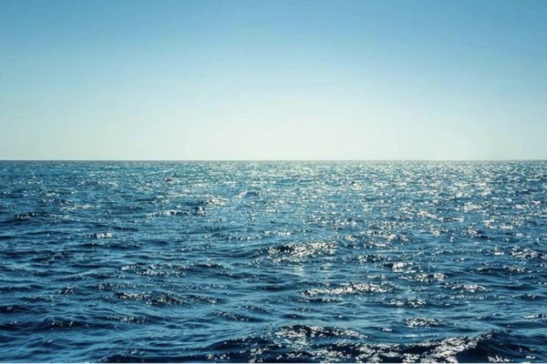 A calm ocean with bright blue sky overhead.