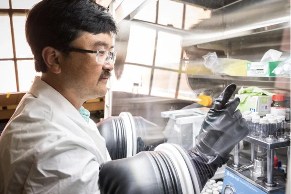 Scientist in white lab coat works in sterile lab hood.