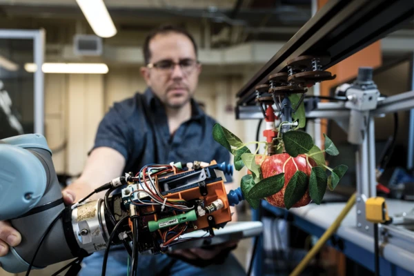 Robotics student demonstrates how a robot can pick an apple.