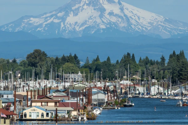 Boats on the water on a sunny day with a majestic mountain rising in the background.