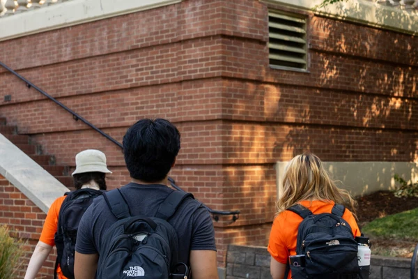 Students facing building
