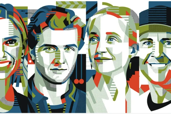 Four vertical stylized portraits of the featured Ecampus students side-by-side.