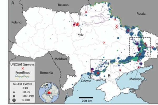 Map of Ukraine from a recent academic publication on mapping the destruction wrought by Russia's invasion.