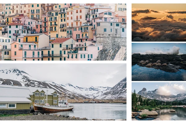 A grid of five photos showing a colorful cliffside village, snowy mountains, sunlit clouds, sea turtles on a rocky outcropping, and a serene alpine lake.