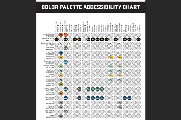 OSU's brand color palette accessibility chart is a matrix of circles indicating which brand colors are visually accessible when paired together.