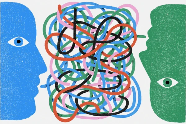 Illustration of a blue face facing a green face but separated by a tangle of multi-colored threads representing jumbled communication.
