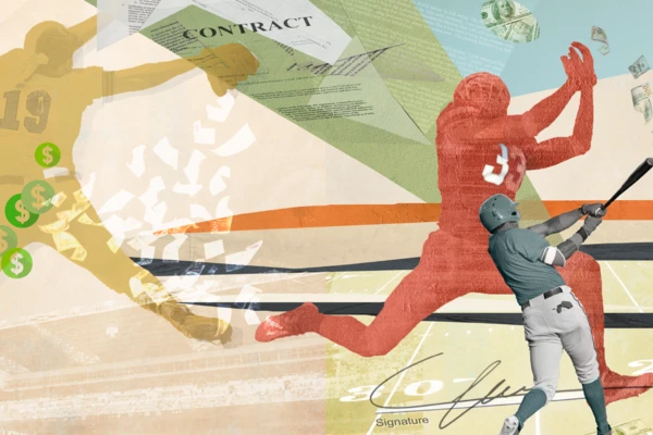 Colorful illustration of baseball players hitting and catching.
