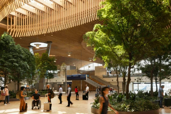 The airy, tree-filled new terminal at PDX airport, showcasing the ceiling made of crisscrossed beams of light-colored wood.