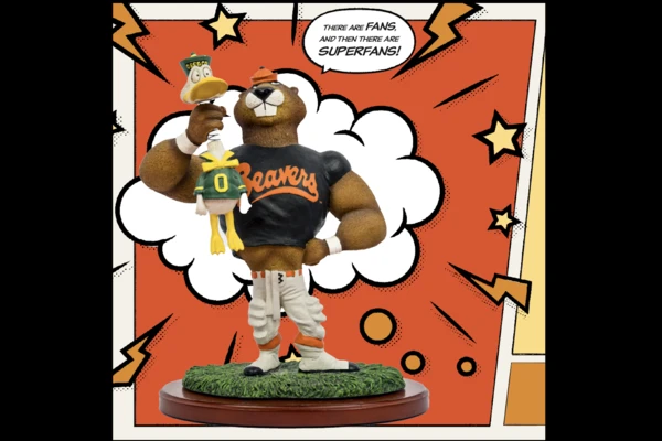 Comic book-style illustration of a beaver strangling a duck, with the speech bubble, "There are fans, and then there are super fans!"