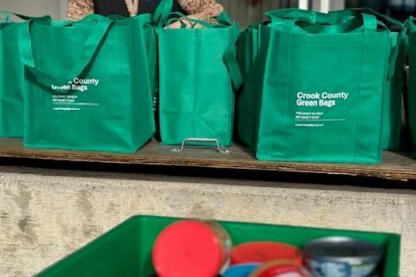 Volunteer with green grocery bags