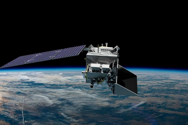 View from space of a satellite orbiting the Earth. 