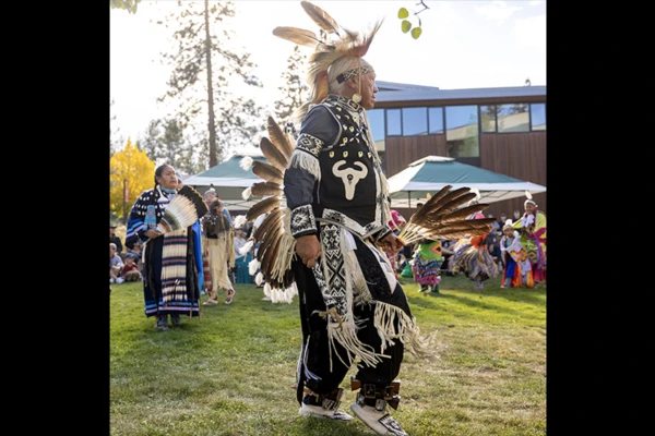 A tribal dancer in regalia dancing on a grassy field. 