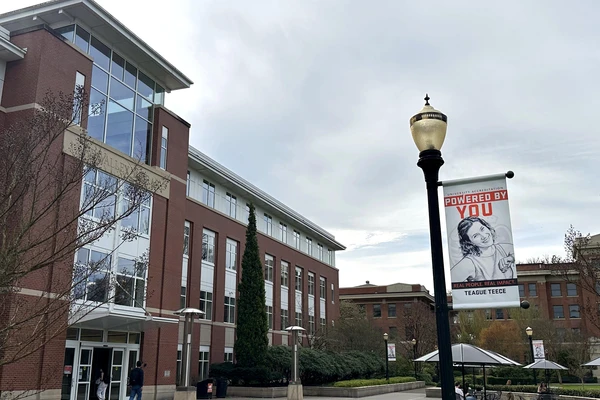 Banner in front of library building
