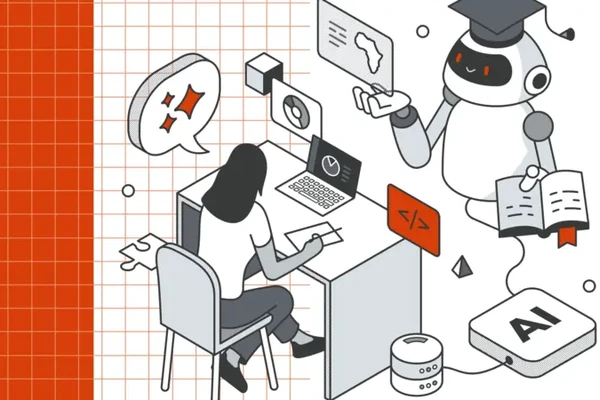 A drawing of a student at her laptop while a robot in a graduation cap presents ideas.