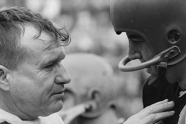 Black-and-white photo of a grizzled athletic trainer addressing a football player.