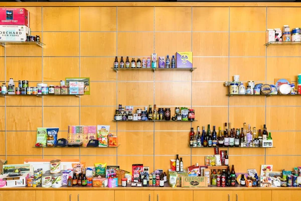 Display of food items on shelves