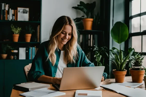 Woman at desk with plants